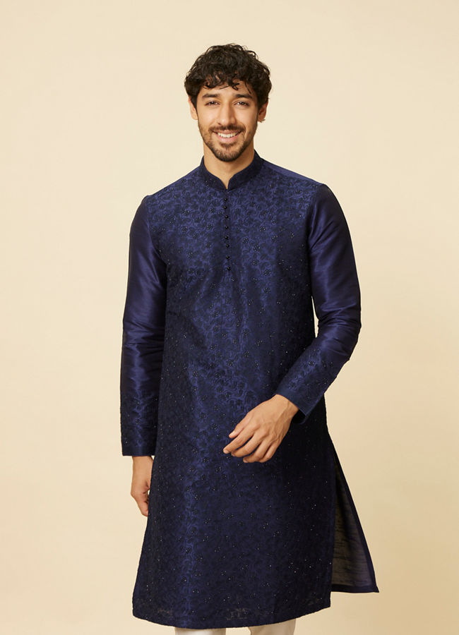 alt message - Manyavar Men Dark Blue Sequined Embroidered Bel Buti Patterned Kurta Set image number 0